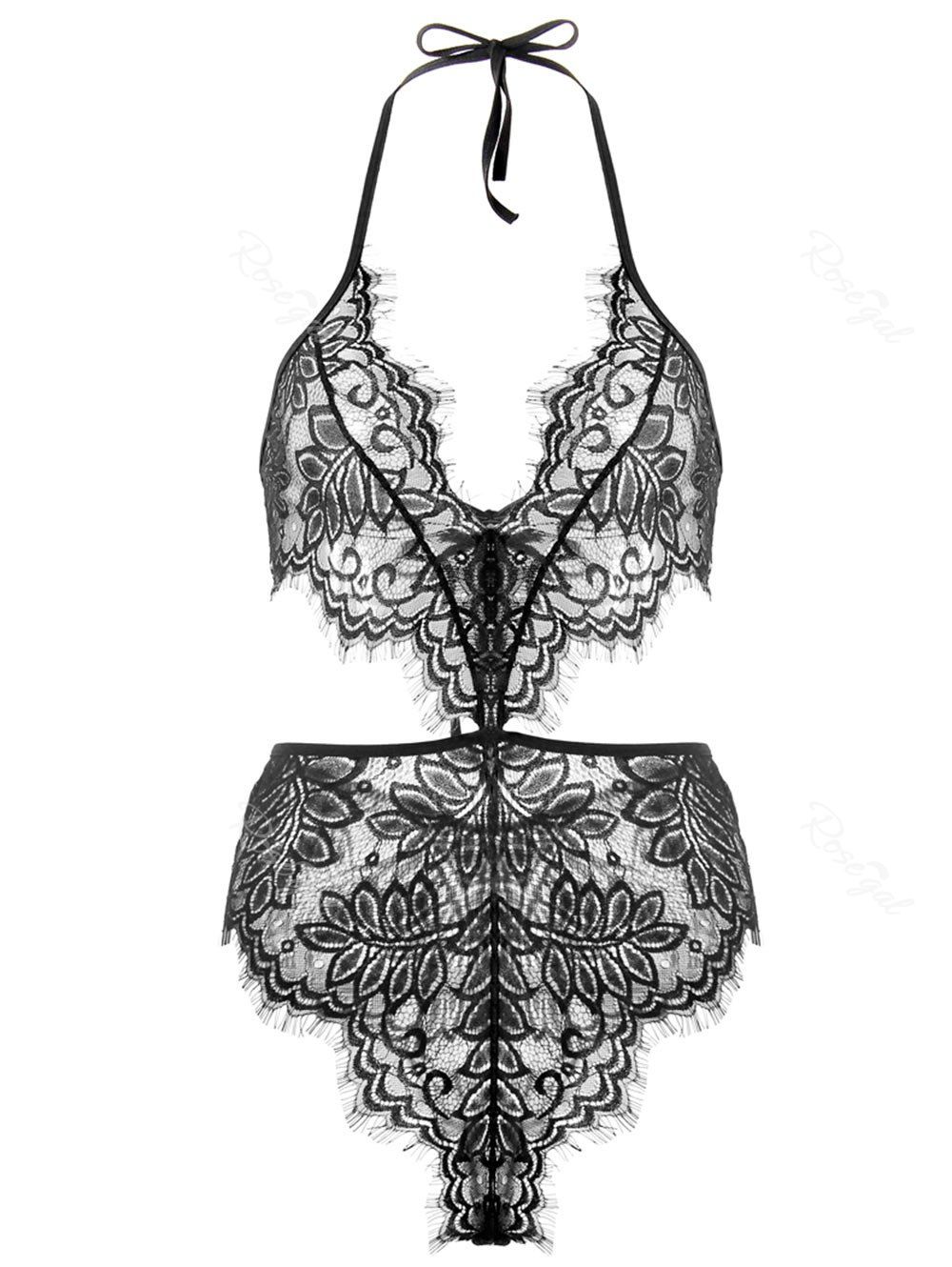 

Plus Size Halter Cutout Lace Teddy, Black