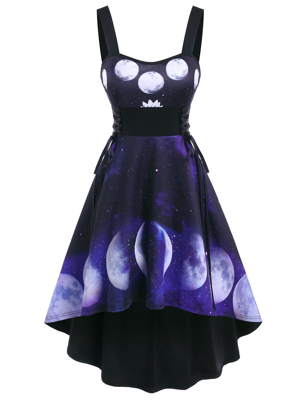 

Side Lace-up Universe Moon Print Dress, Black