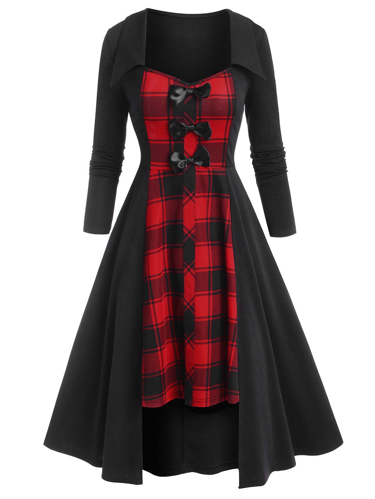 

Plaid Print Bow Detail High Low Dress, Black