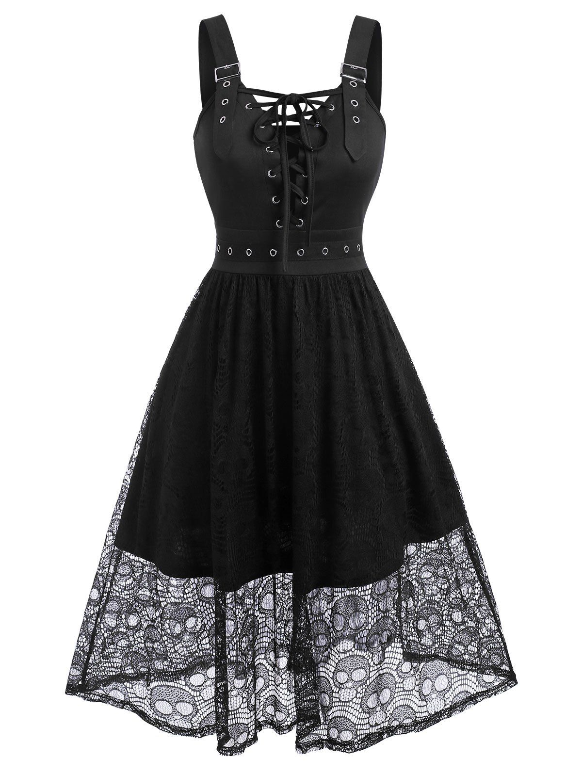 

Halloween Skull Lace Insert Sleeveless Lace-up Dress, Black