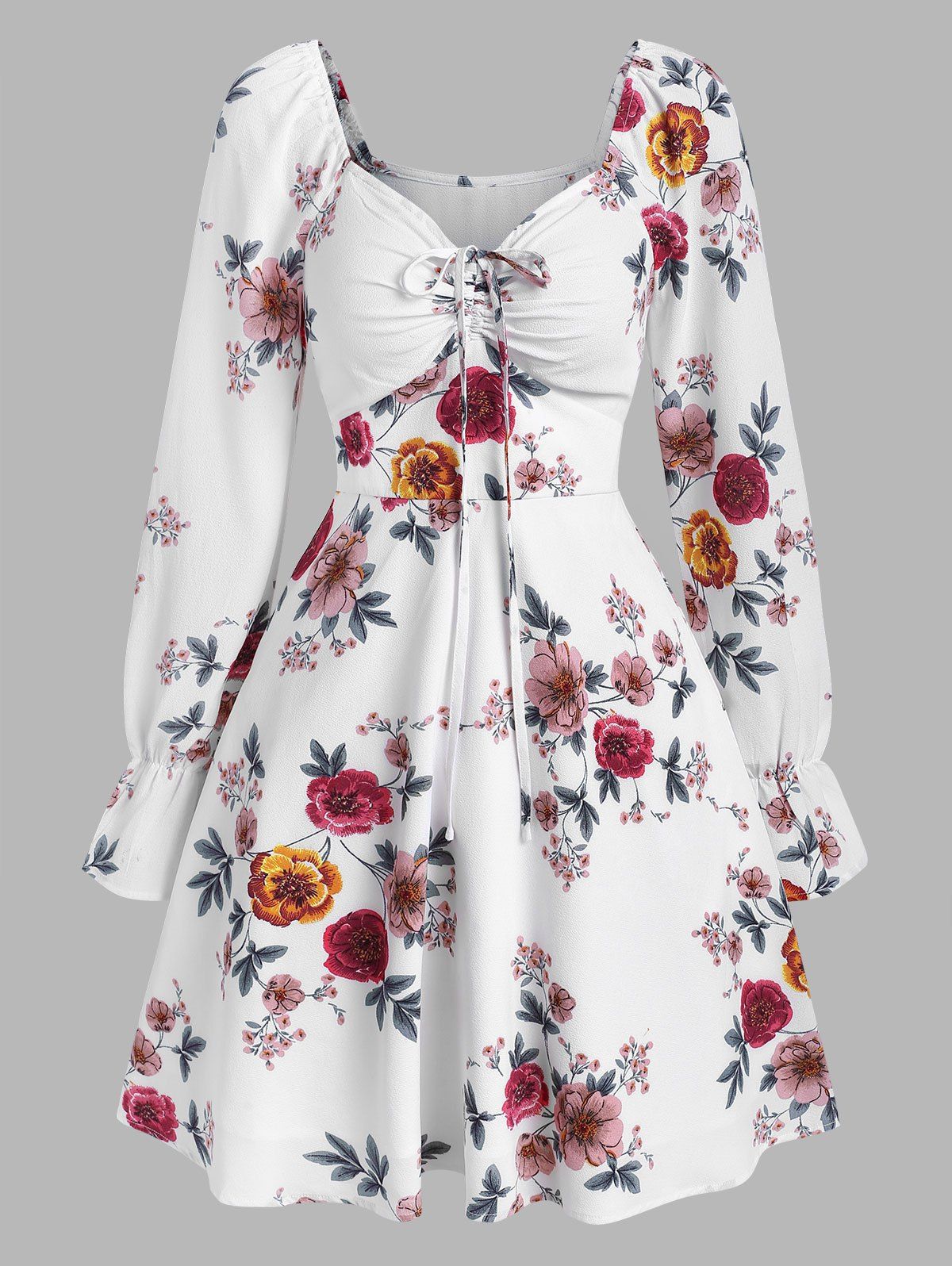 

Floral Print Front Drawstring Mini A Line Dress, White