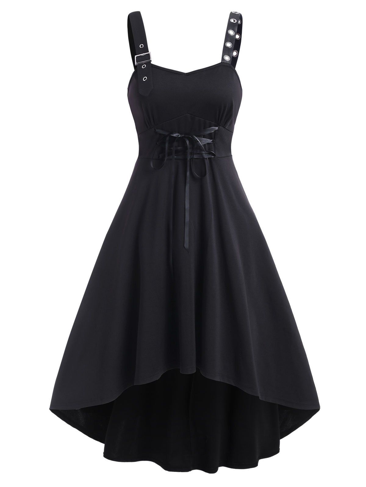 

Sleeveless Buckle Strap Lace-up High Low Dress, Black