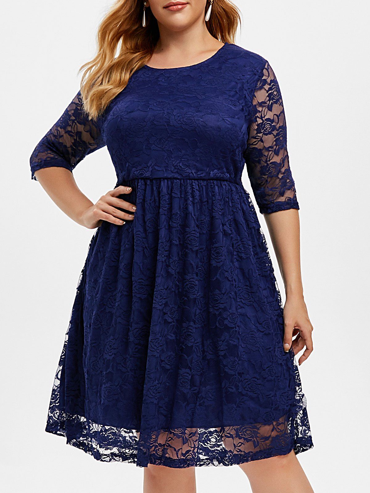 

Lined Lace Plus Size A Line Dress, Blue