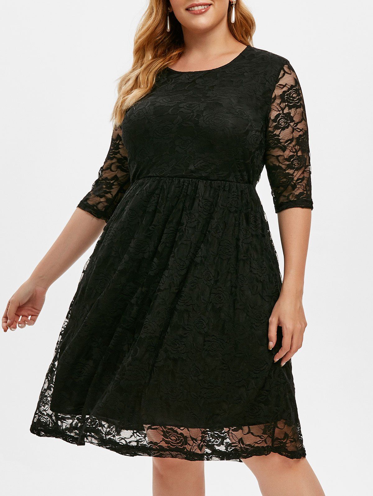 

Lined Lace Plus Size A Line Dress, Black