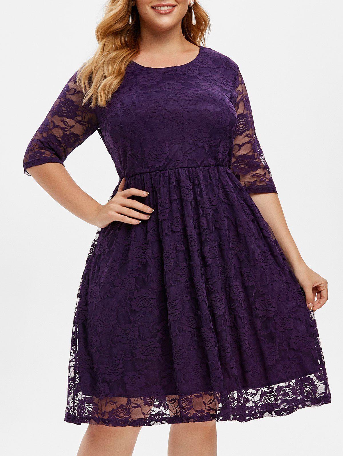 

Lined Lace Plus Size A Line Dress, Purple