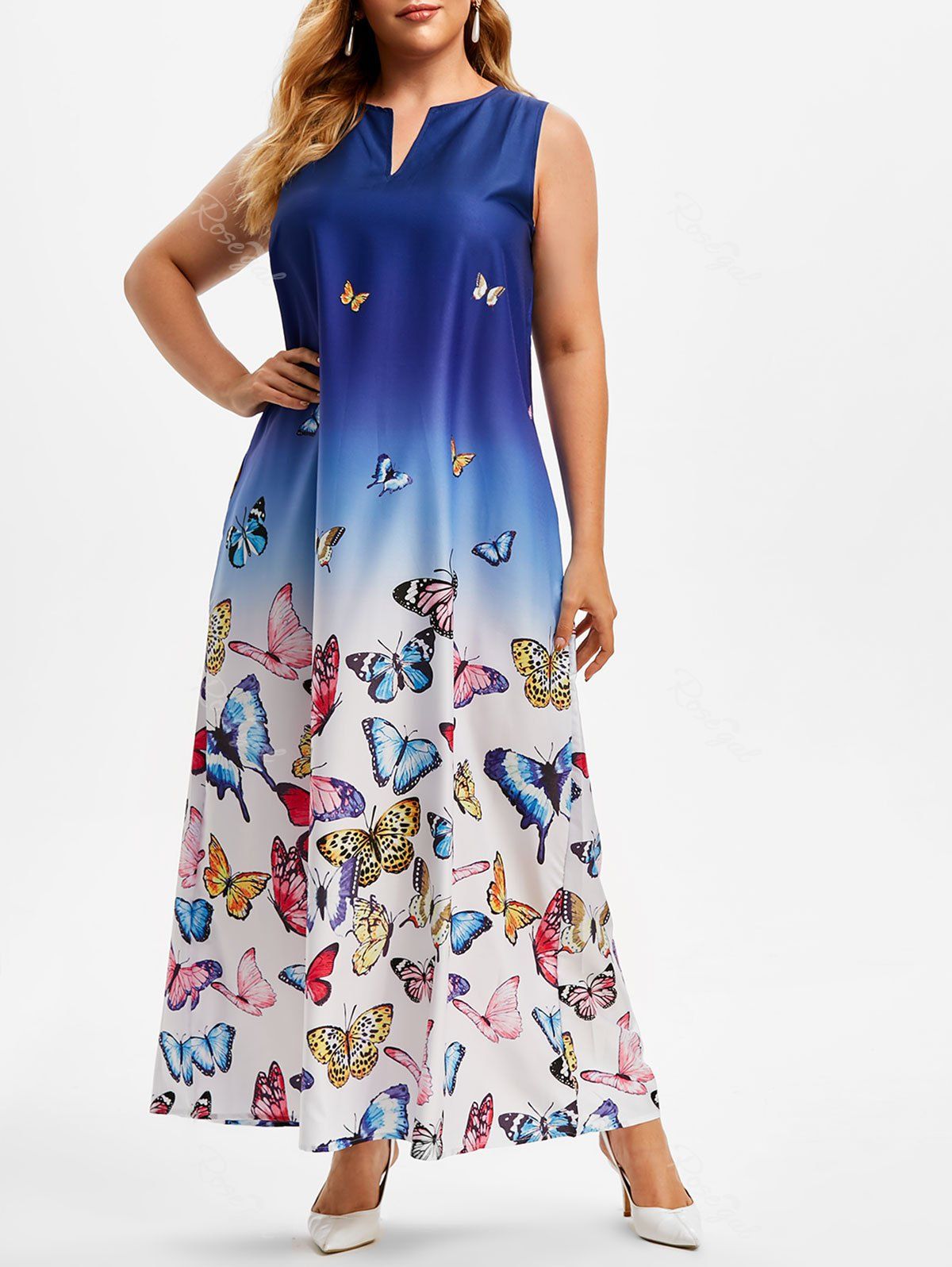 Affordable Plus Size Butterfly Print Ombre Color Maxi Dress  