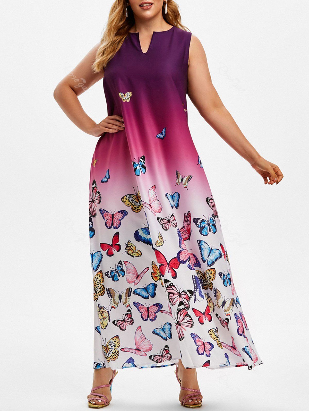 Fashion Plus Size Butterfly Print Ombre Color Maxi Dress  