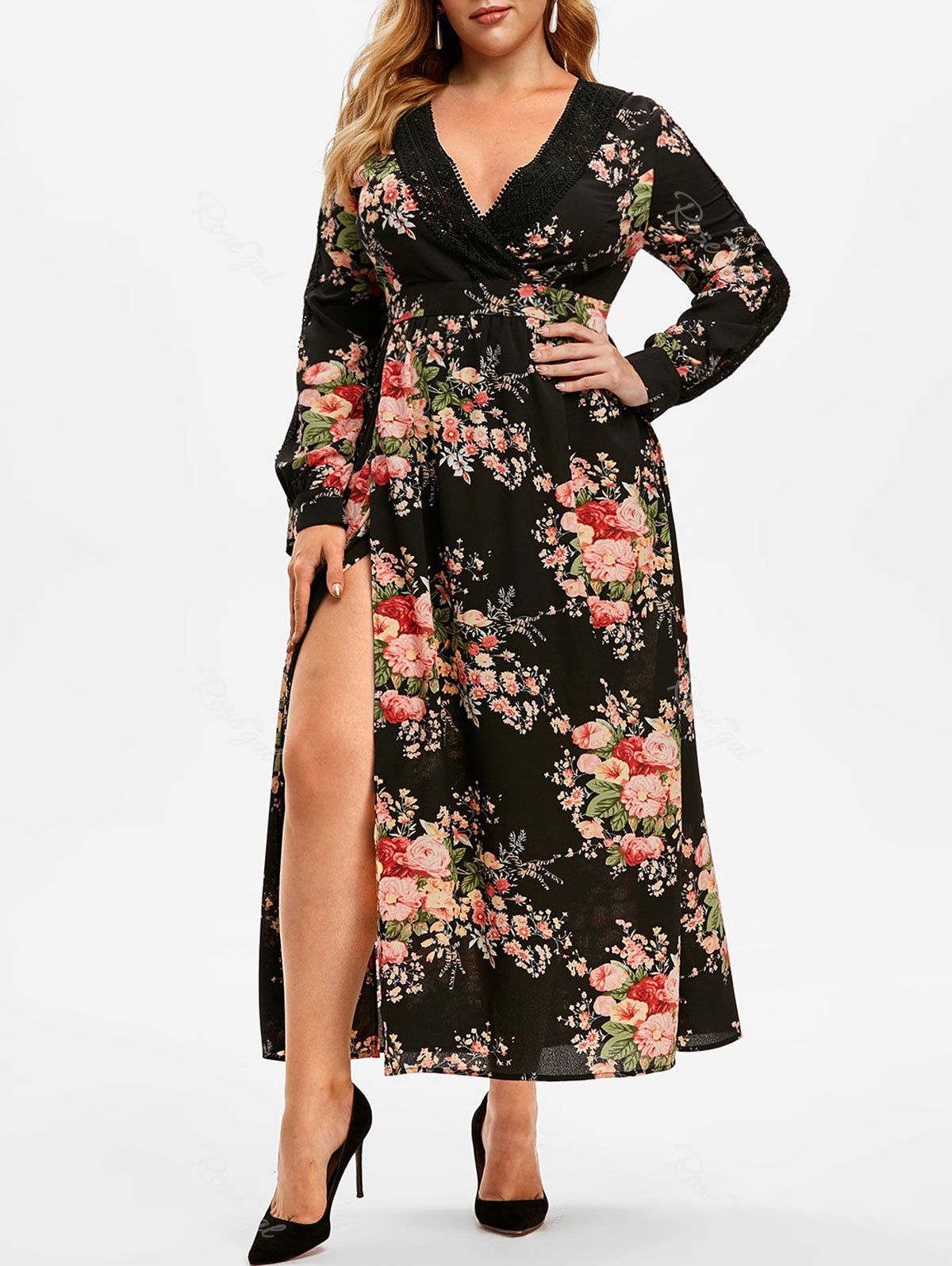 Shops Plus Size Floral Print Lace Crochet High Slit Dress  