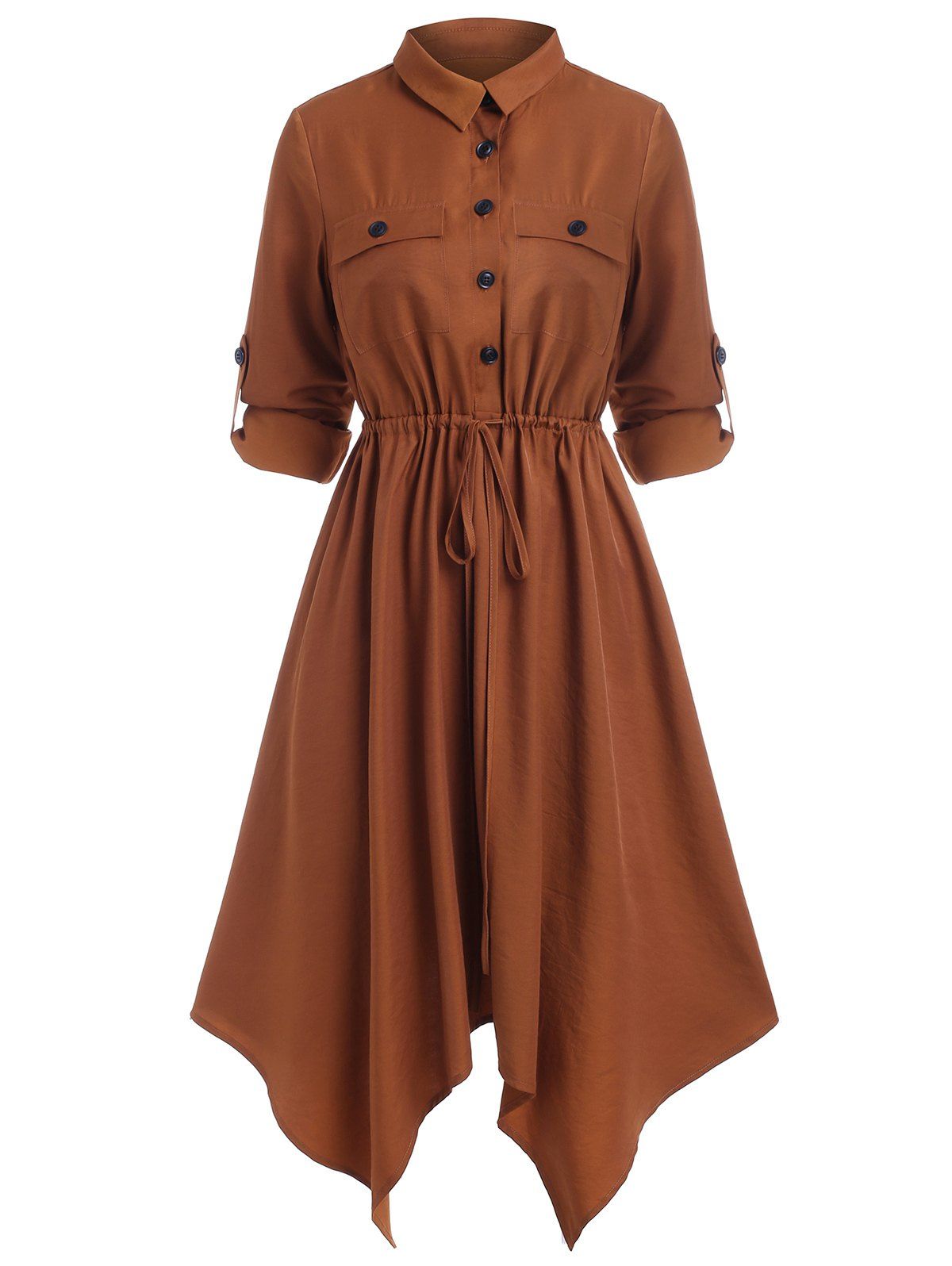 

Roll Tab Sleeve Flap Pockets Asymmetric Shirt Dress, Coffee