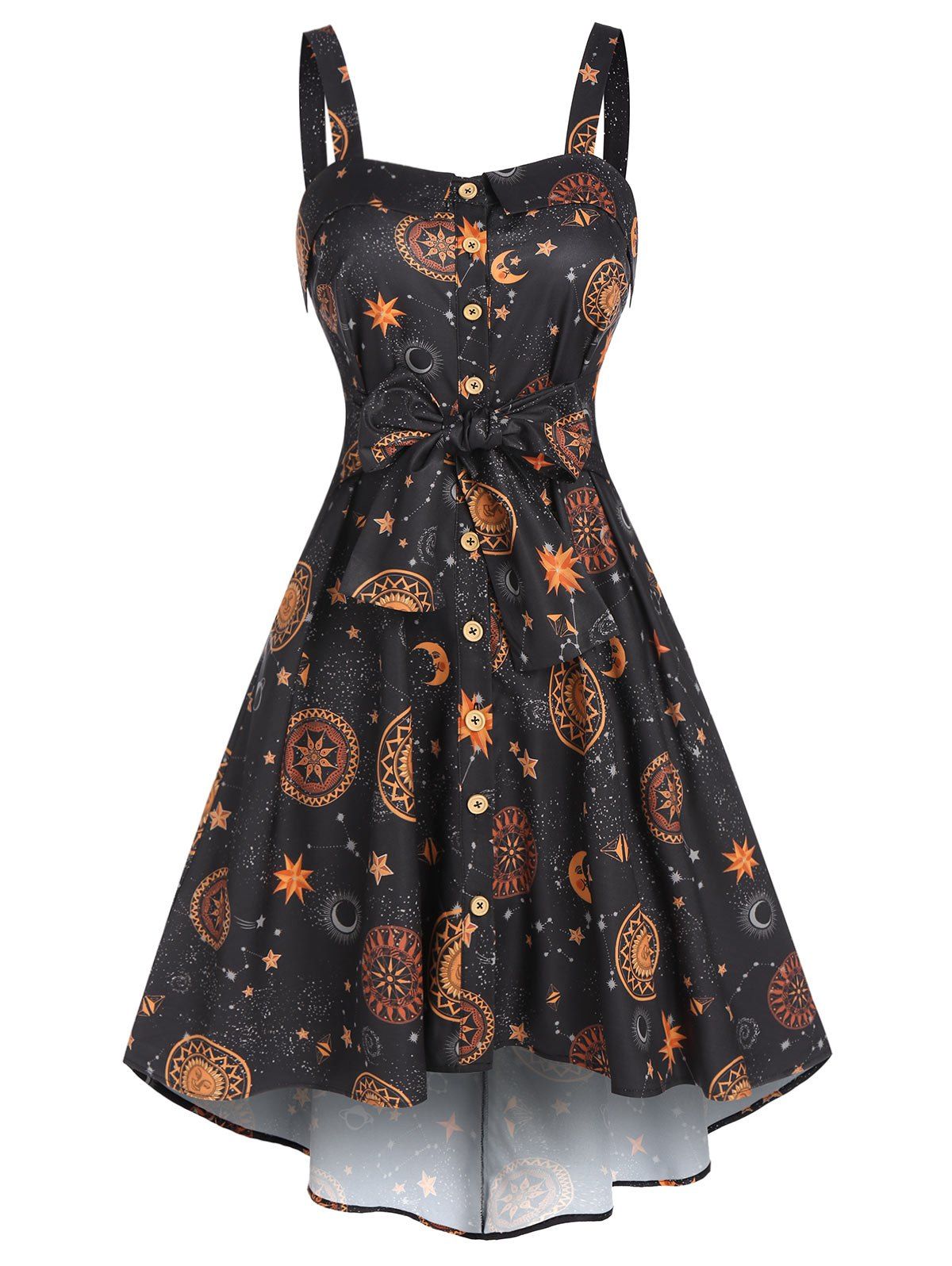 

Sun Moon Star Print Belted Pockets Cami Dress, Black