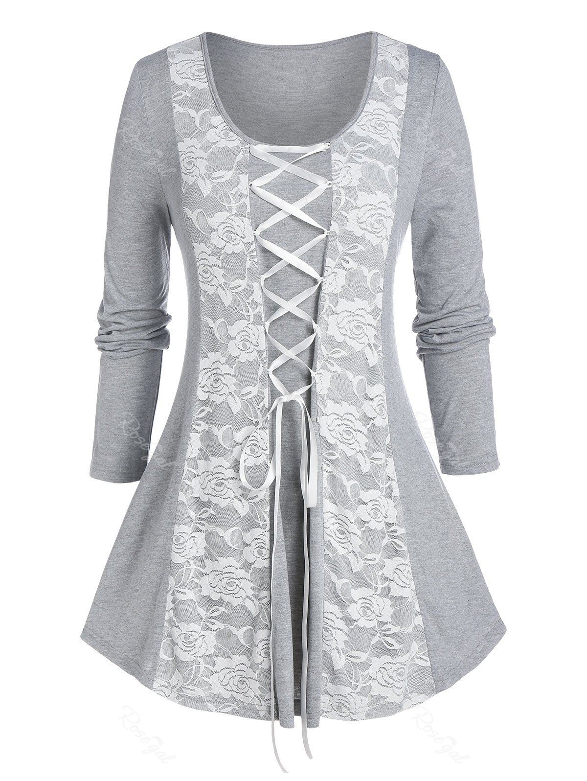 

Plus Size Lace-up Lace Panel Curved Hem Tunic Tee, Gray cloud