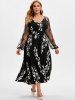Plus Size Lace Sleeve Floral Print Dress -  