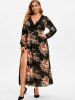 Plus Size Floral Print Lace Crochet High Slit Dress -  
