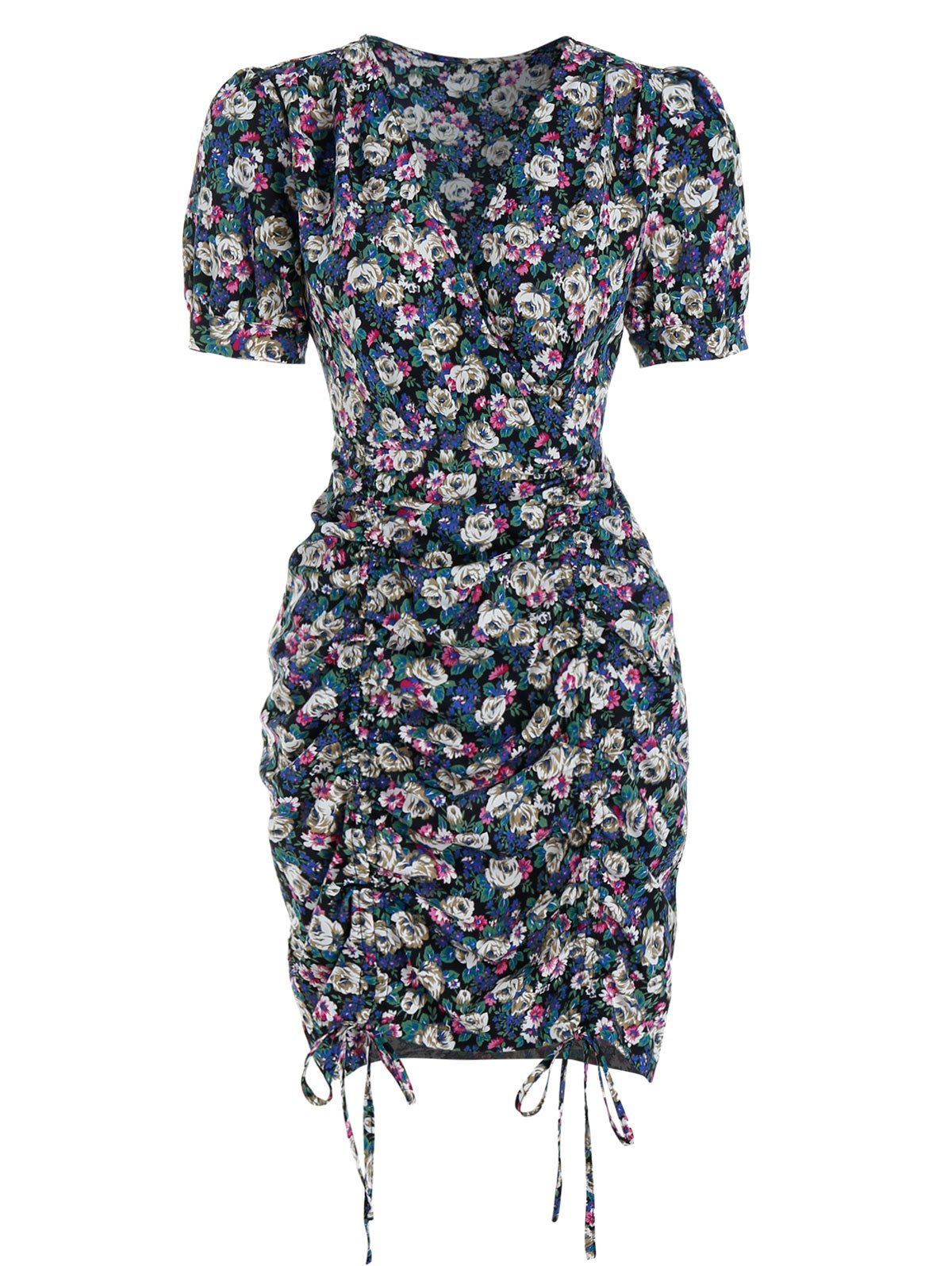 

Floral Printed Wrap Cinched Puff Sleeve Dress, Multi-a