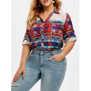 

Plus Size Plaid Lace Insert Roll Up Sleeve Shirt, Red