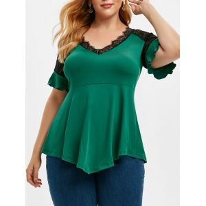 

Plus Size Ruffle Cuff Contrast Lace Tee, Deep green