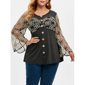 

Plus Size Heathered Floral Mesh Buttons T Shirt, Gray