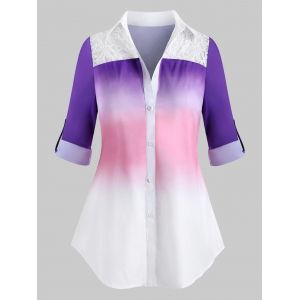 

Plus Size Ombre Embroidery Panel Roll Sleeve Tunic Shirt, Purple