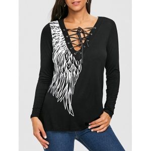 

Lace-up Grommets Wing Print Long Sleeve Top, Black
