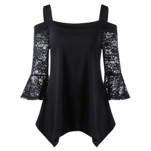 

Lace Panel Cold Shoulder Asymmetrical Top, Black