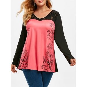 

Plus Size Floral Print Lace Insert T Shirt, Red