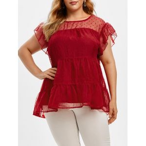 

Ruffled Sleeve Swiss Dot Plus Size Blouse, Red