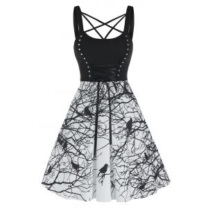 

Strappy Bird Print Lace Up Cami Mini Dress, Black