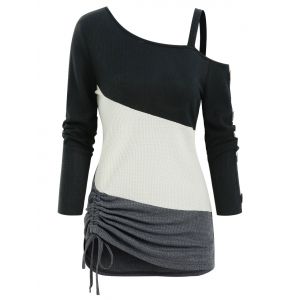 

Colorblock Cold Shoulder Drawstring Hem Knitted T Shirt, Multi a