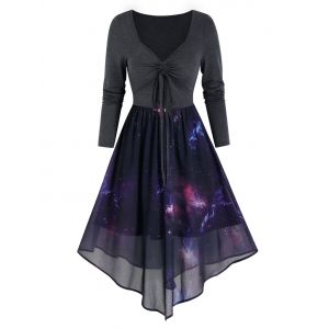 

Front Drawstring Starry Print Overlay Mesh Dress, Black
