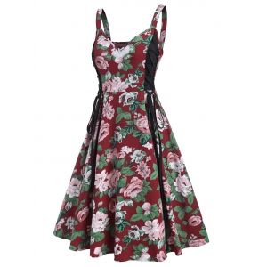 

Floral Print Side Lace Up High Waist Cami Dress, Multi a