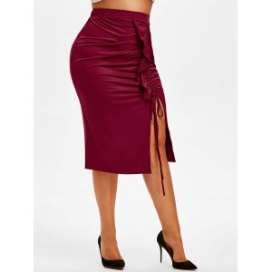 

Plus Size Cinched Ruffle Slit Midi Skirt, Red wine