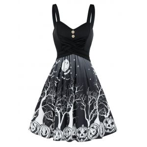 

Halloween Pumpkin Print Crisscross Mock Button Cami Dress, Black