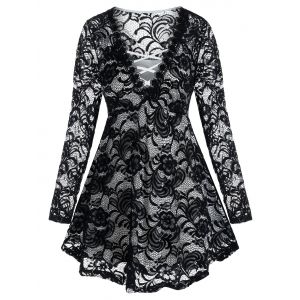 

Plus Size Lace Curved Hem Lattice Skirted Tunic Top, Black