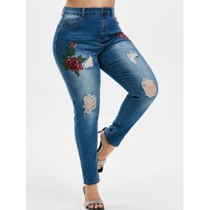 

Plus Size Embroidered Ripped Jeans, Deep blue