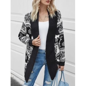 

Christmas Elk Graphic Open Front Cardigan, Black