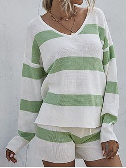 Striped Sweater and Drawstring Knit Shorts Set - LIGHT GREEN - S