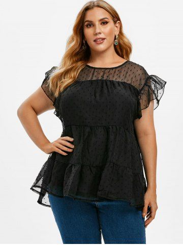 

Ruffled Sleeve Swiss Dot Plus Size Blouse, Black