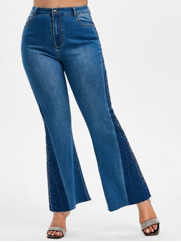 

Plus Size Rhinestone Bicolor Bell Bottom Jeans, Deep blue