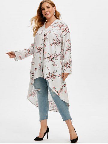 Plus Size Roll Up Sleeve Peach Blossom Print High Low Top