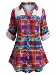Plus Size Plaid Lace Insert Roll Up Sleeve Shirt -  