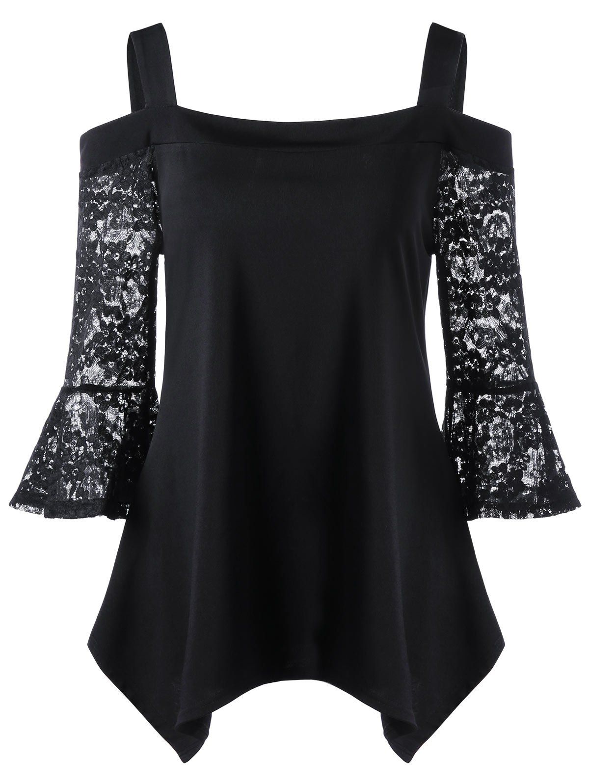 

Lace Panel Cold Shoulder Asymmetrical Top, Black