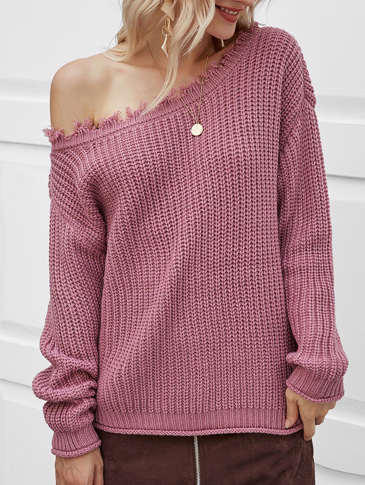 

Skew Neck Ripped Chunky Sweater, Light pink