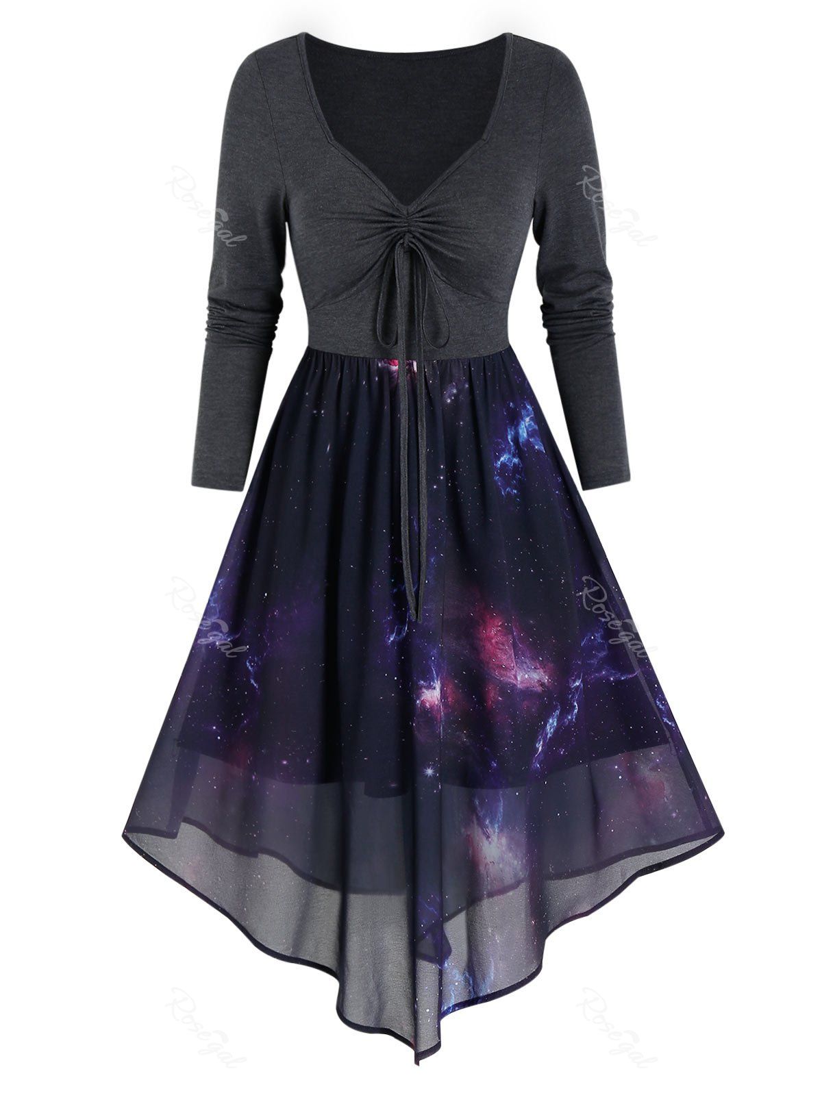 

Front Drawstring Starry Print Overlay Mesh Dress, Black