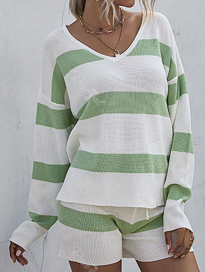 

Striped Sweater and Drawstring Knit Shorts Set, Light green