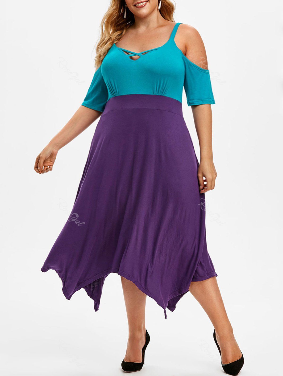 

Two Tone Criss Cross Open Shoulder Plus Size Dress, Purple