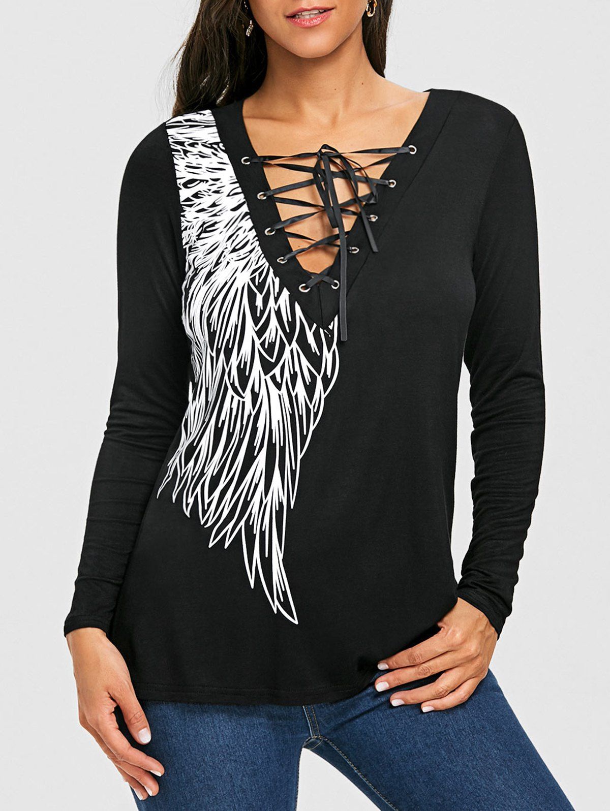 

Lace-up Grommets Wing Print Long Sleeve Top, Black