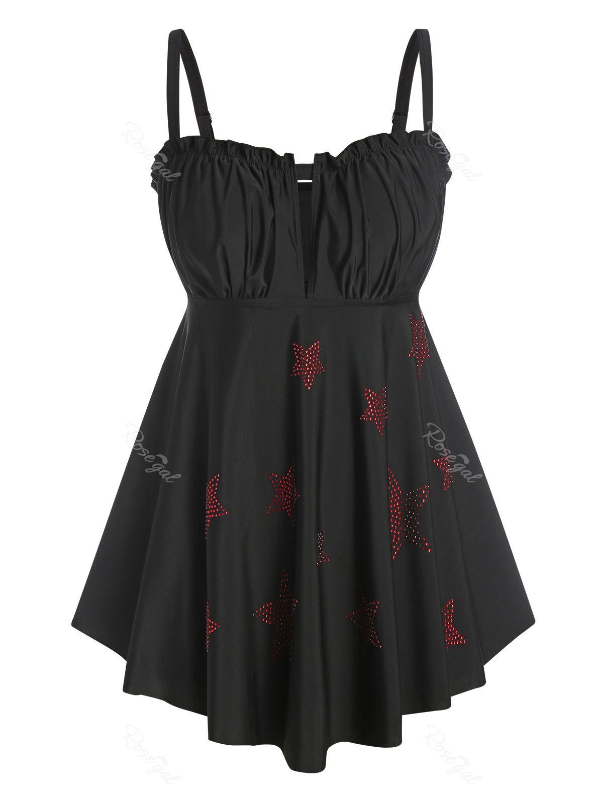 

Plus Size Rhinestone Star Ruched Skirted Tankini Swimwear, Black