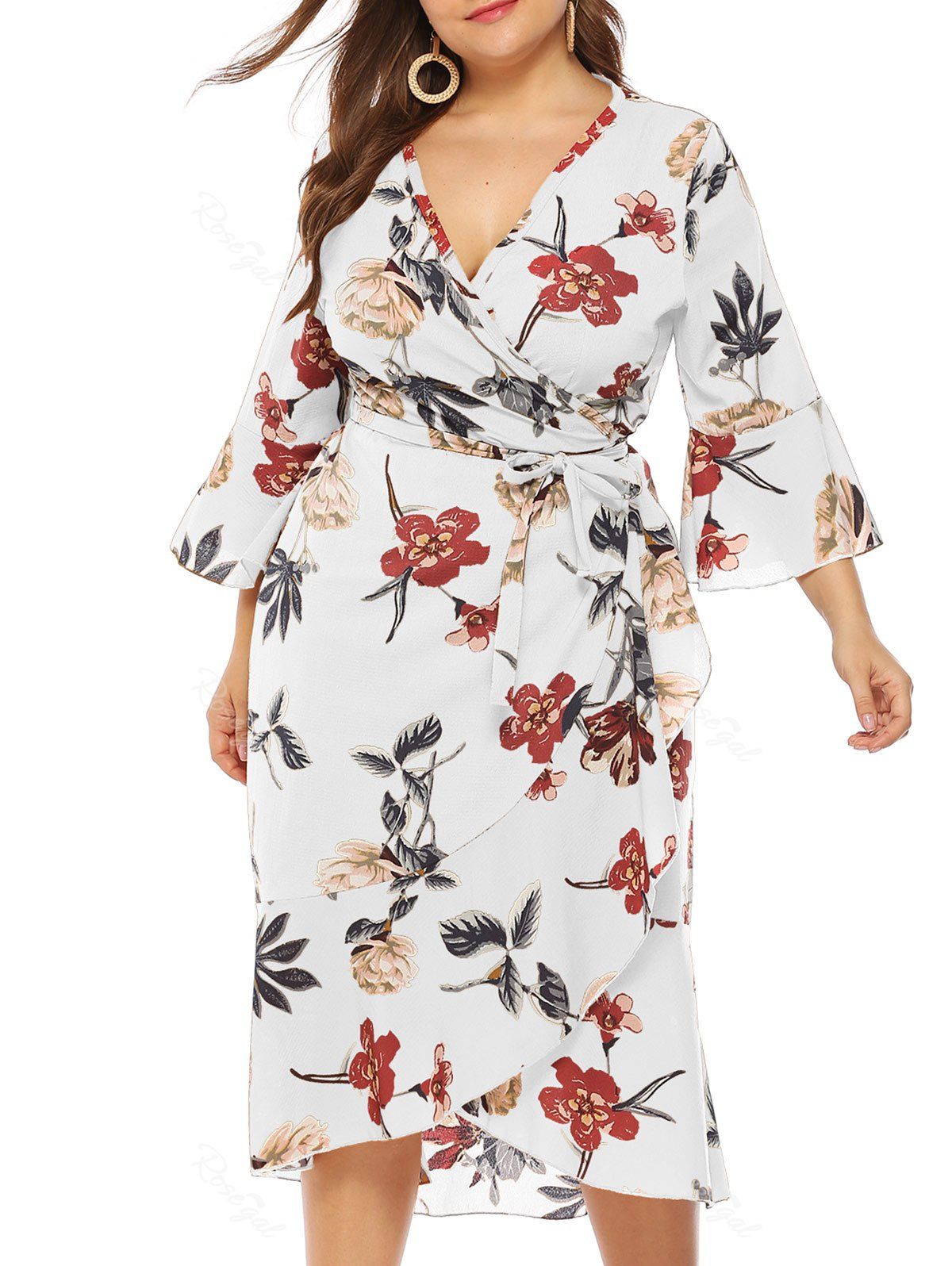 

Plus Size Plunge Bell Sleeve Floral Print Wrap Dress, White