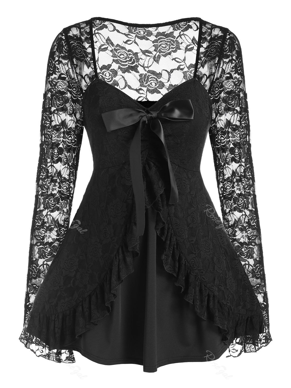 

Plus Size Lace See Thru Flounce Flyaway Bowknot Tee, Black