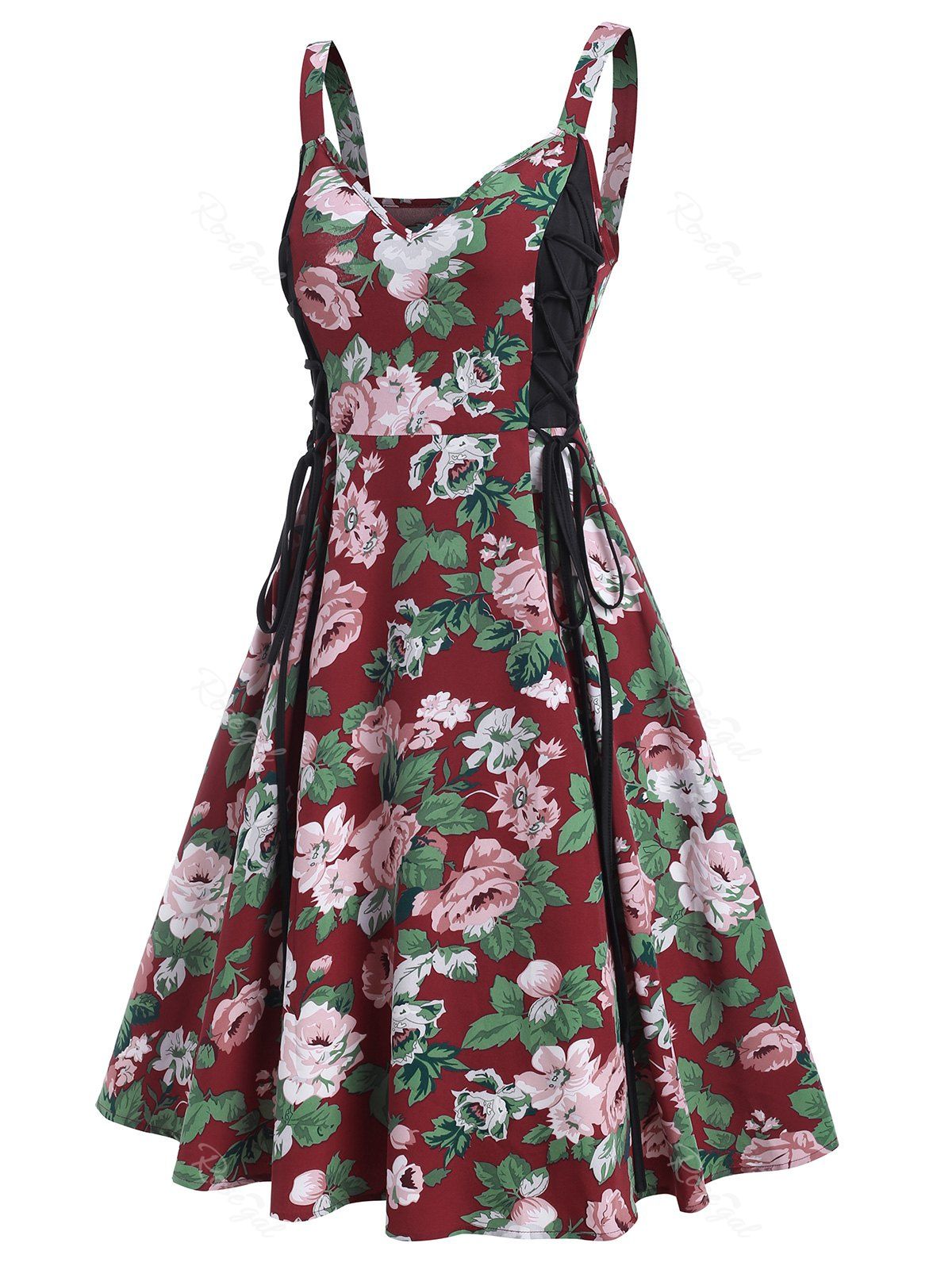 Shops Floral Print Side Lace Up High Waist Cami Dress  